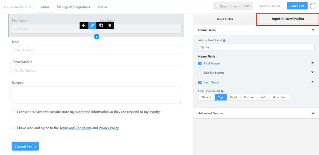 Input fields customization - Fluent Forms