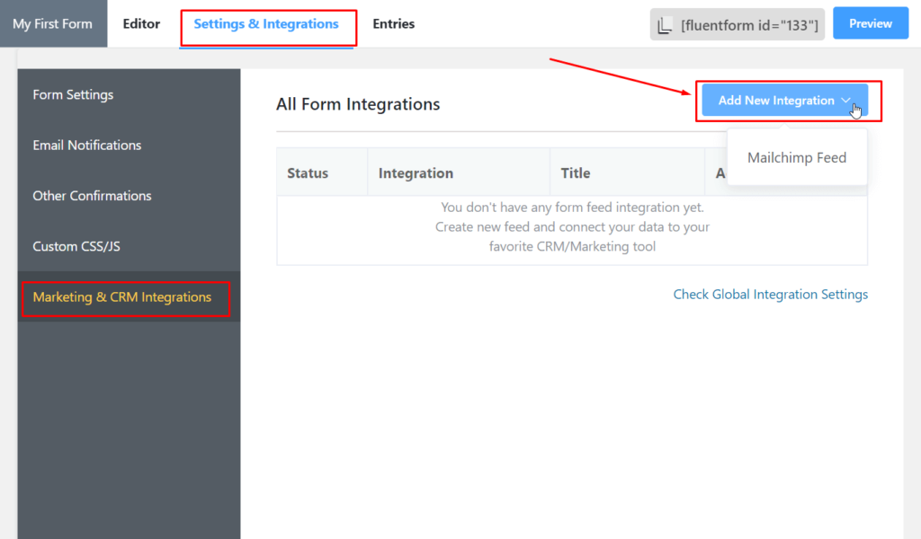 Add New Integration MailChimp - Fluent Forms