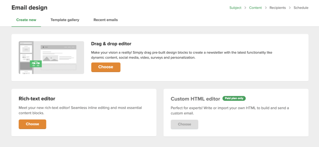 MailerLite - Choose editor to design your email