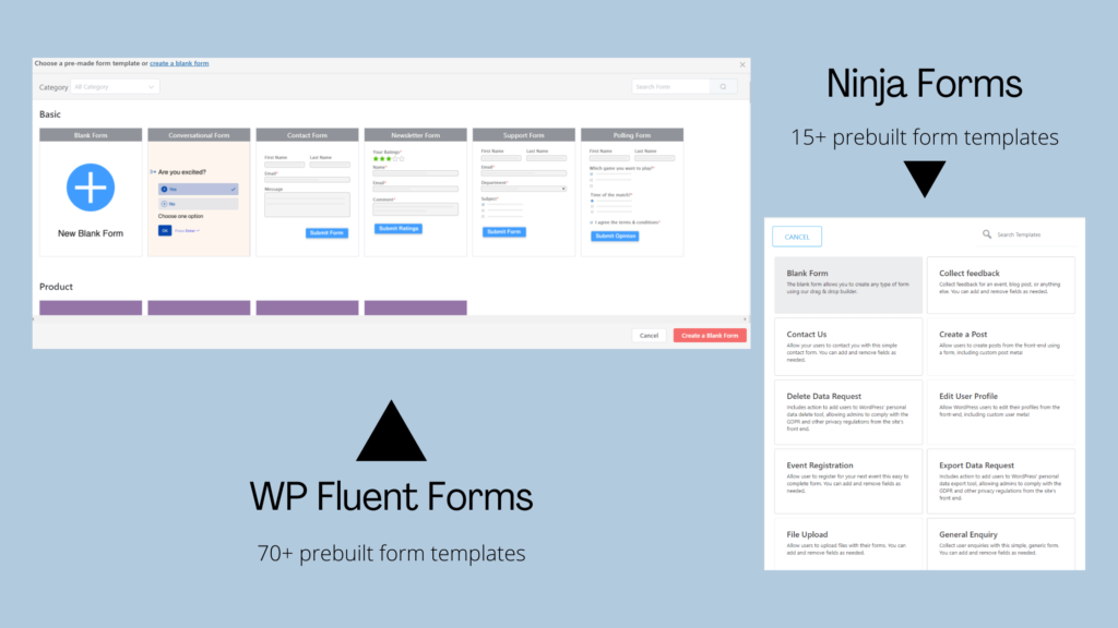 Ninja Forms vs WP Fluent Forms - prebuilt form templates - WordPress form plugins comparison