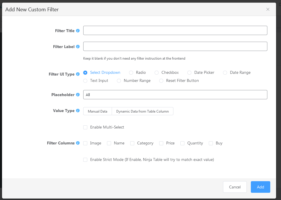 custom filter on ninja tables pro