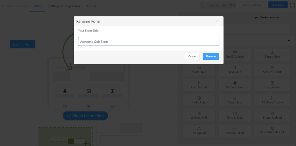 Rename Quiz Form - Fluent Forms