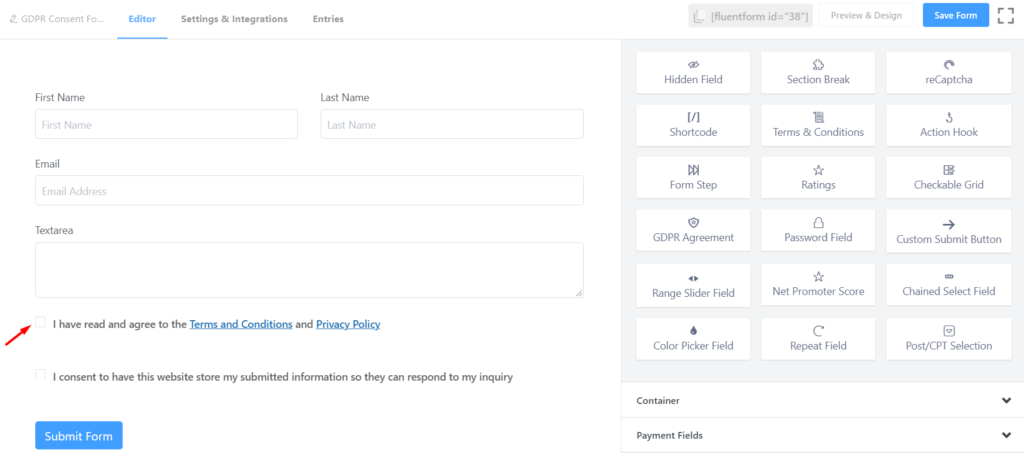 Terms and Condition GDPR - Fluent Forms