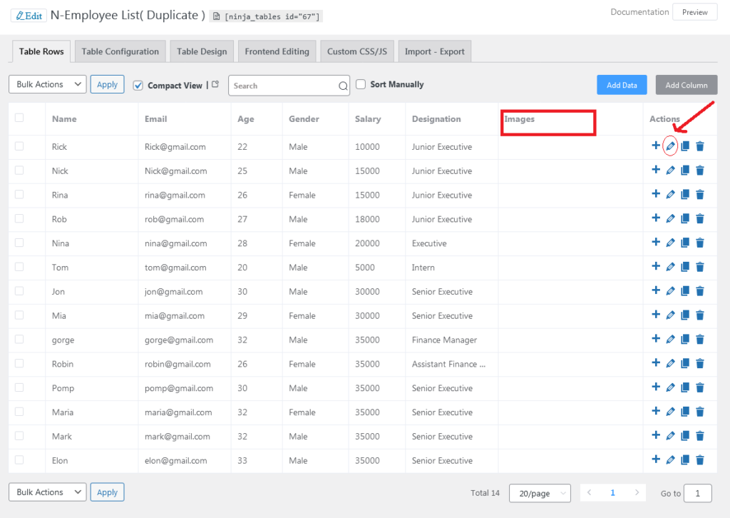 editing image column in Ninja Tables