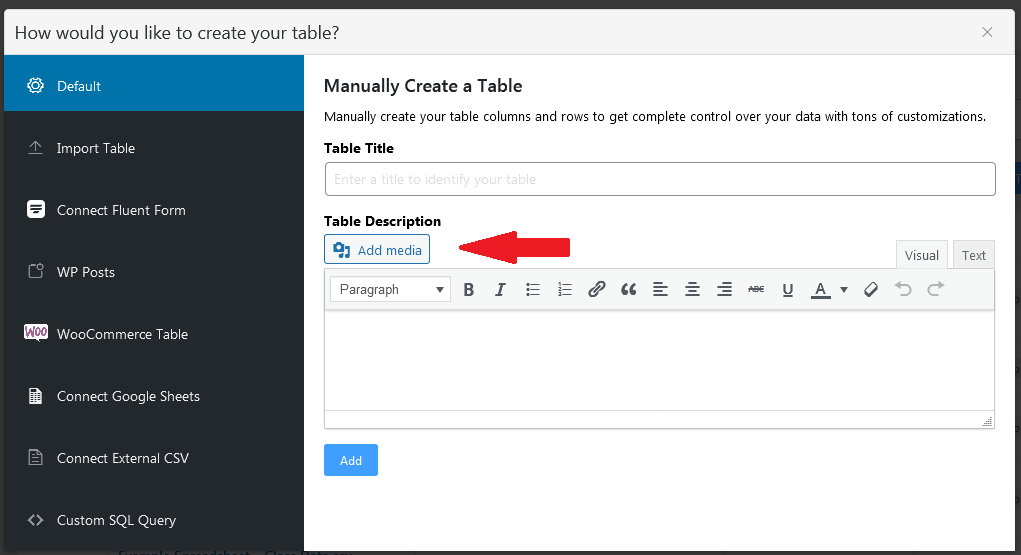 add media using Ninja Tables WordPress plugin