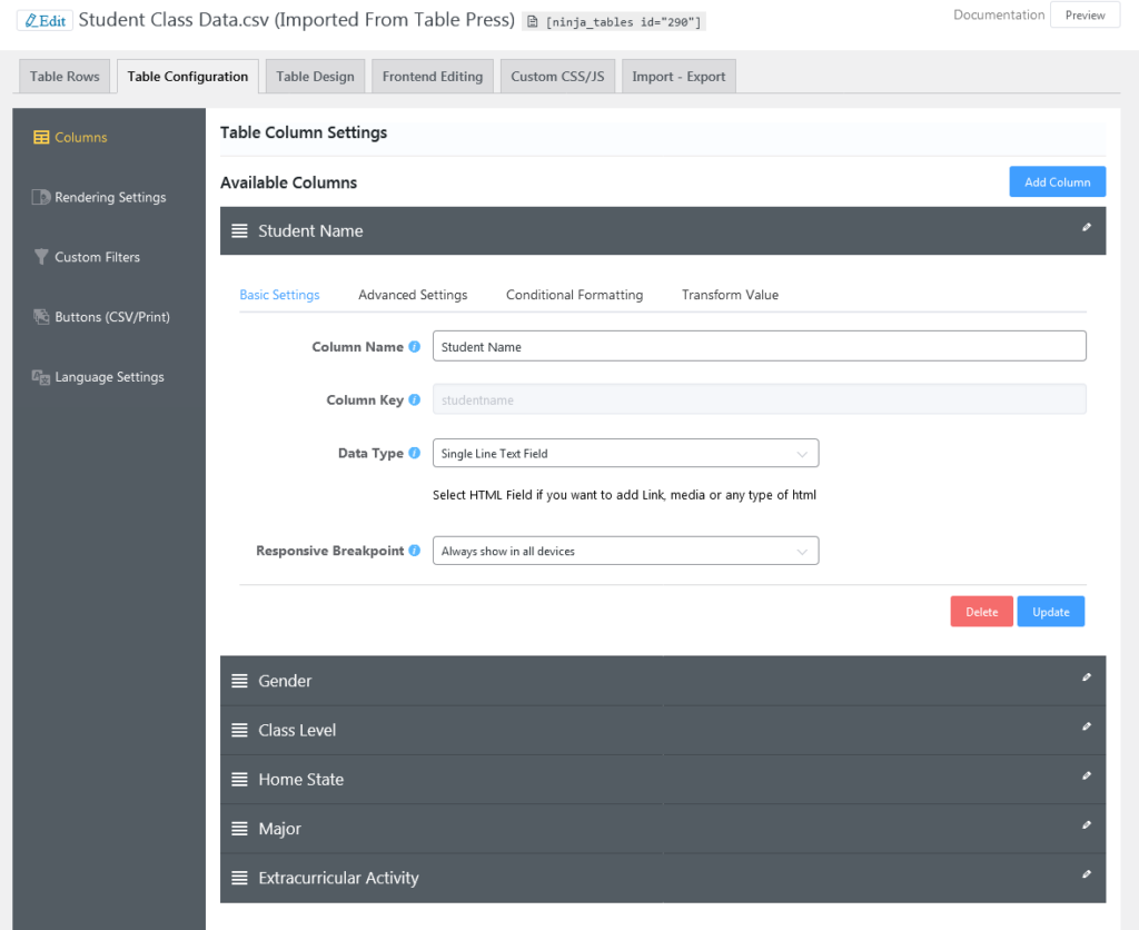 easy table configuration ninja tables