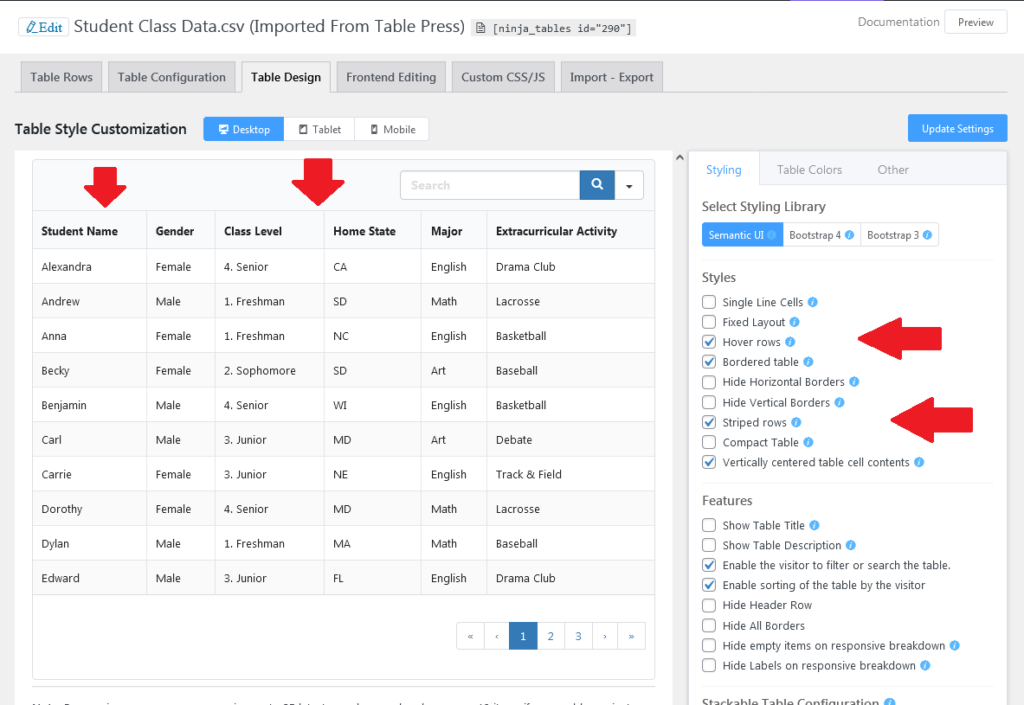 multiple design function in ninja tables