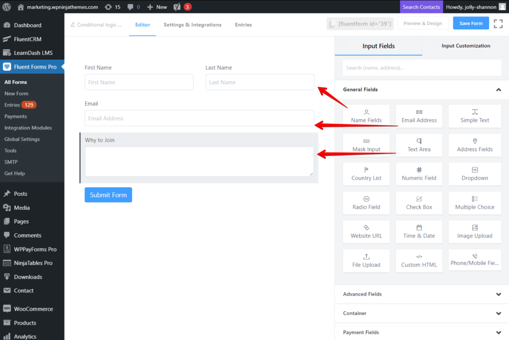 drag and drop input fields - Fluent Forms