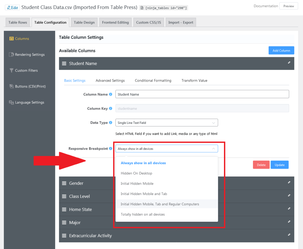 responsive breakdown product tables