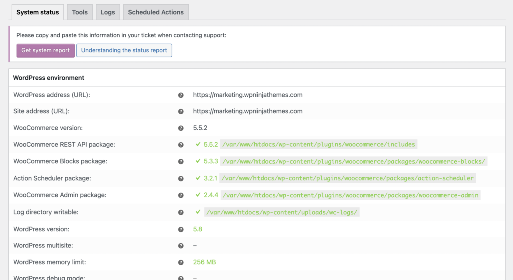 System status in WooCommerce