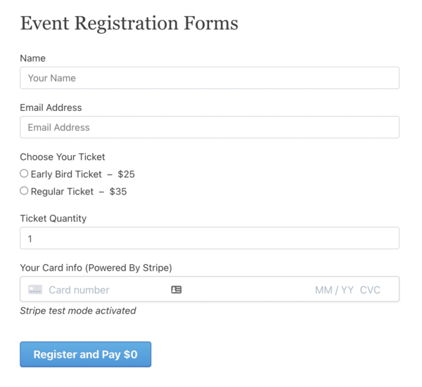 Event registration form on WPPayForm