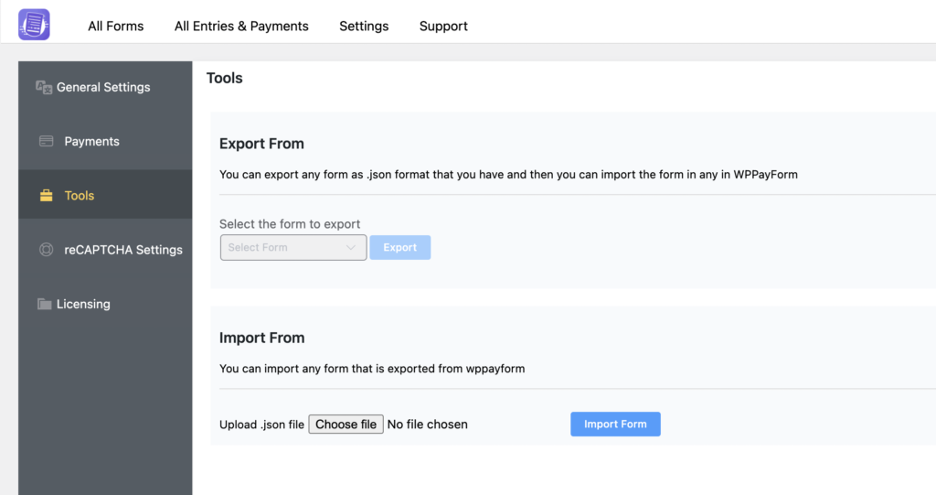Export-import forms with WPPayForm