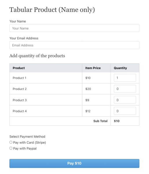 WPPayForm - Tabular Products