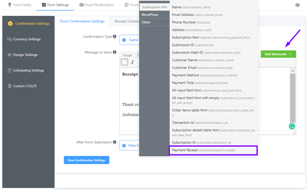 confirmation message, confirmation message customization, online receipt customization