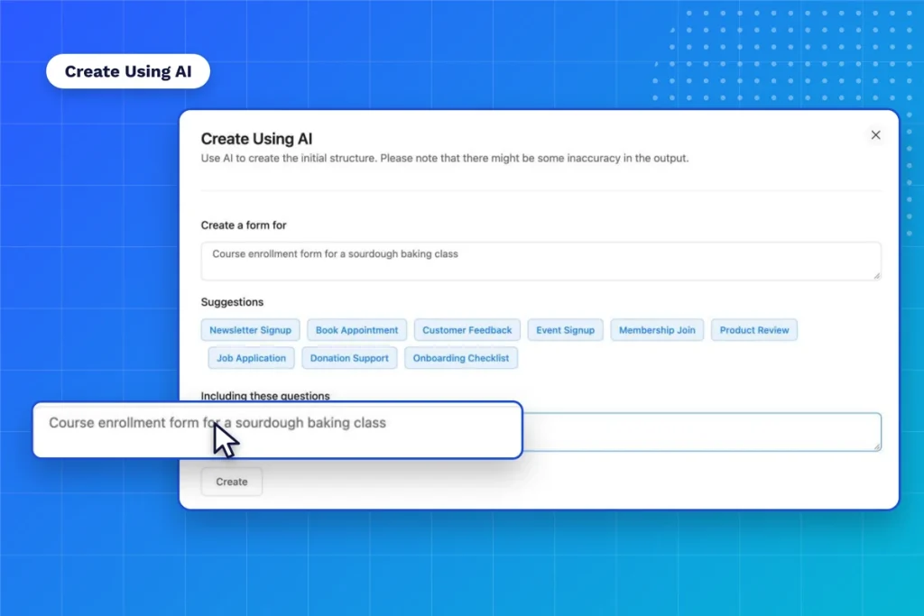 Fluent Forms Create Using AI tab with a form description field