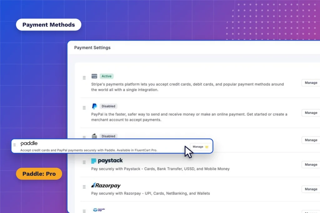 FluentCart payment methods settings with Stripe enabled