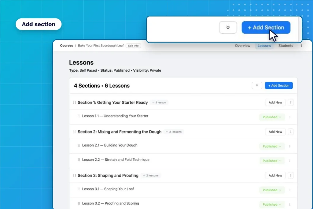 FluentCommunity course builder with the add section and add lesson buttons