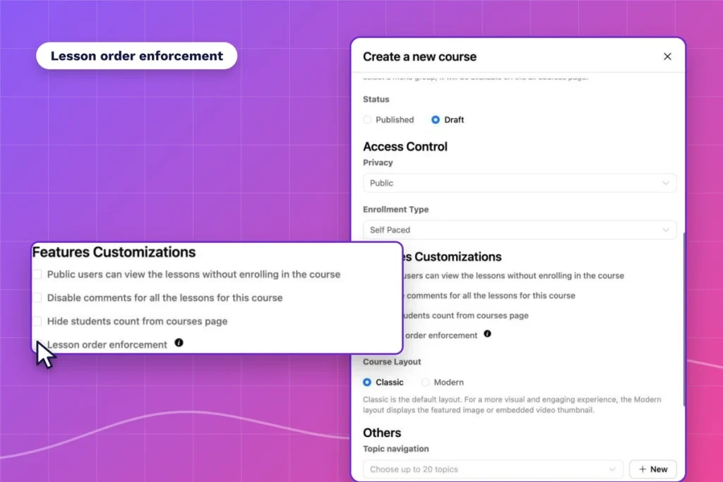 FluentCommunity course settings with the lesson order enforcement checkbox selected