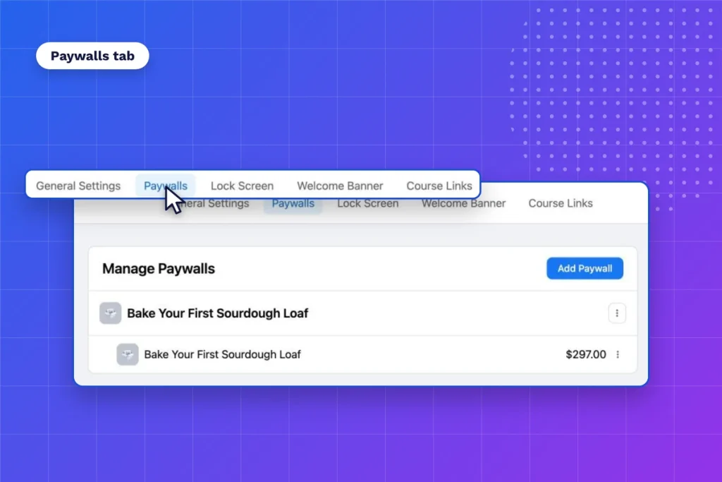 FluentCommunity course settings with the Paywalls tab open
