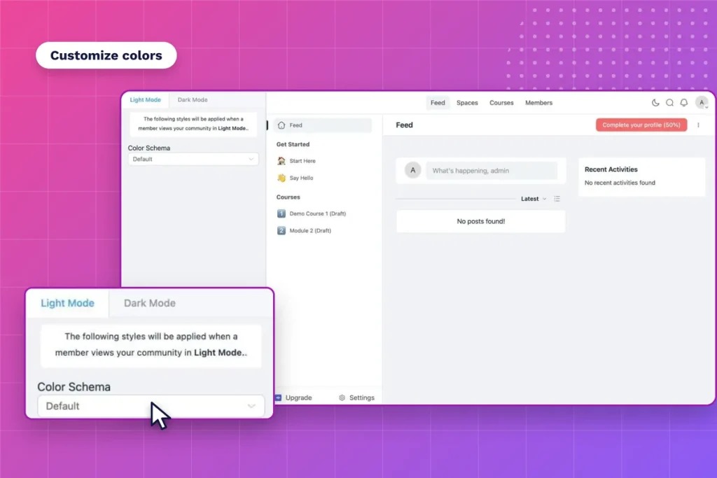 FluentCommunity color customization panel with brand color fields