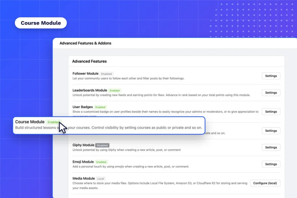 FluentCommunity Features and Addons settings with the Course Module enabled