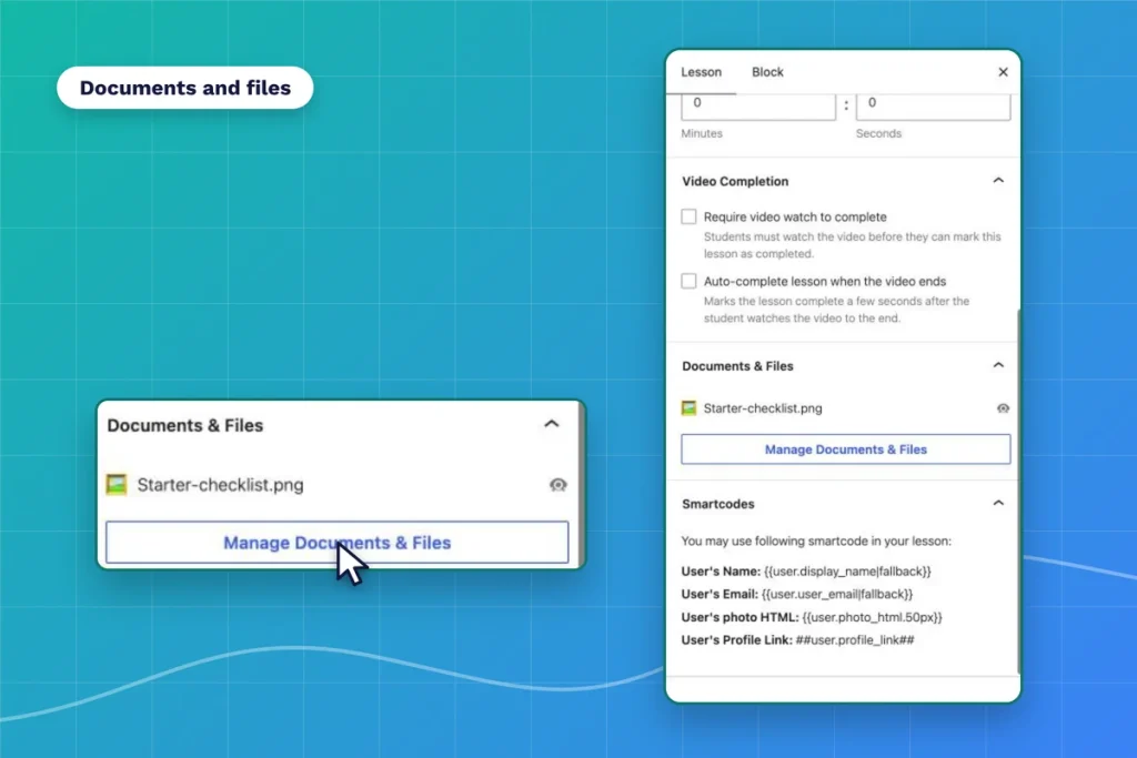 Lesson sidebar with the Documents and Files panel and Manage button