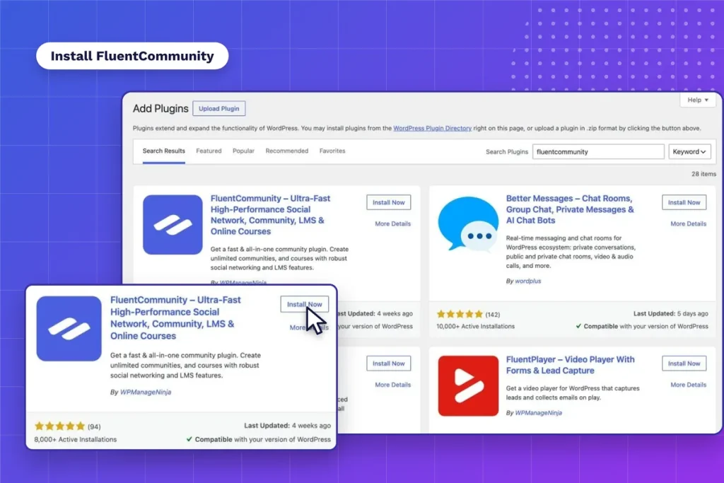 WordPress Add Plugins screen with FluentCommunity in the search results