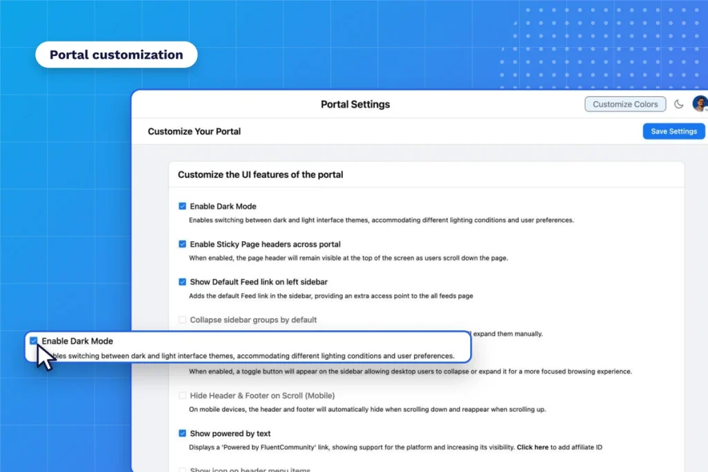 FluentCommunity portal customization settings with color and layout options