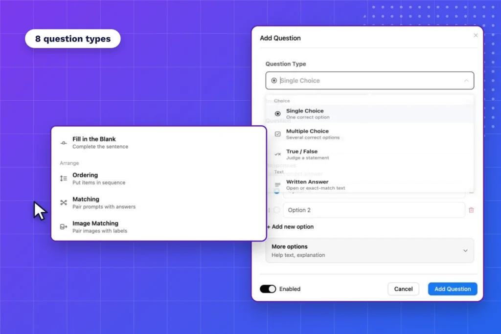 FluentCommunity quiz builder showing the question type options