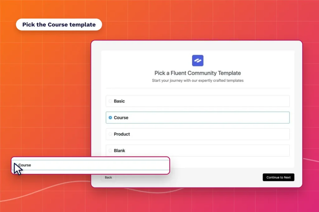 FluentCommunity setup wizard with the Course template selected