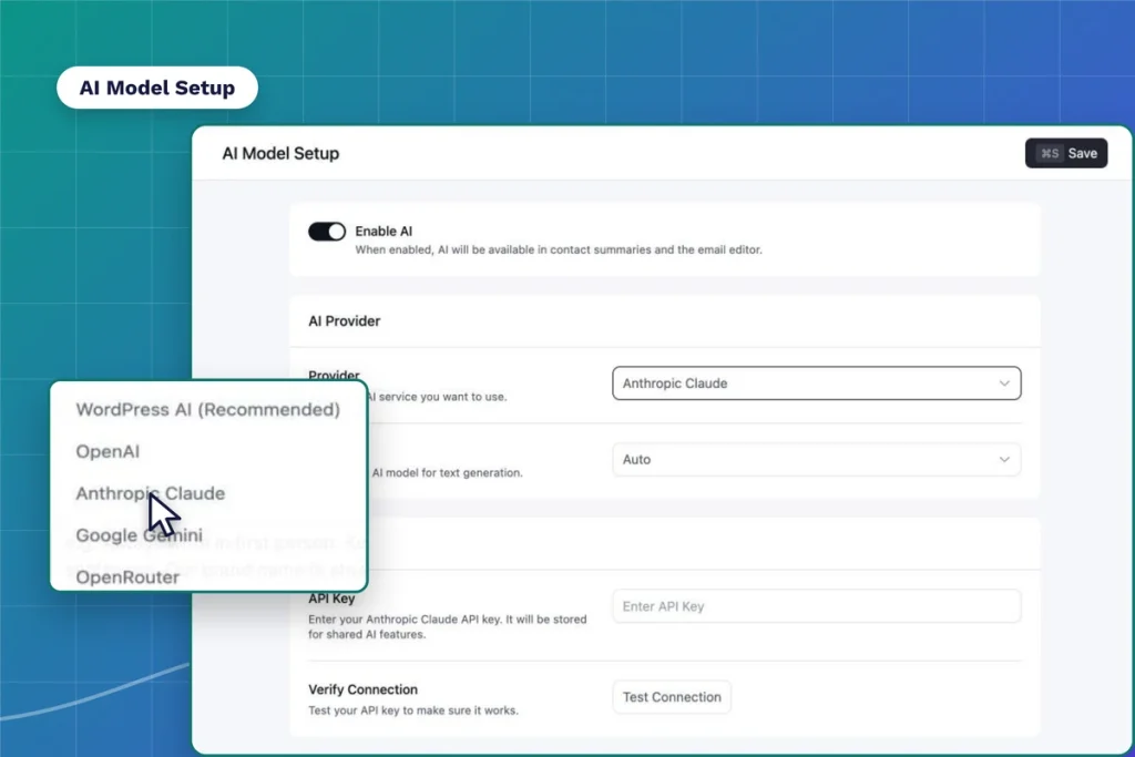 FluentCRM AI Model Setup screen with the provider, model and API key fields