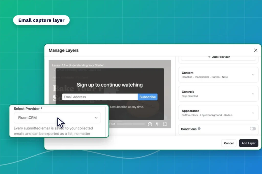 FluentPlayer email capture layer with the FluentCRM provider, lists and tags