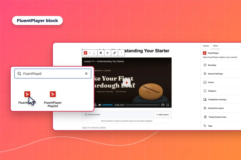 FluentCommunity lesson editor with the FluentPlayer block added to a lesson