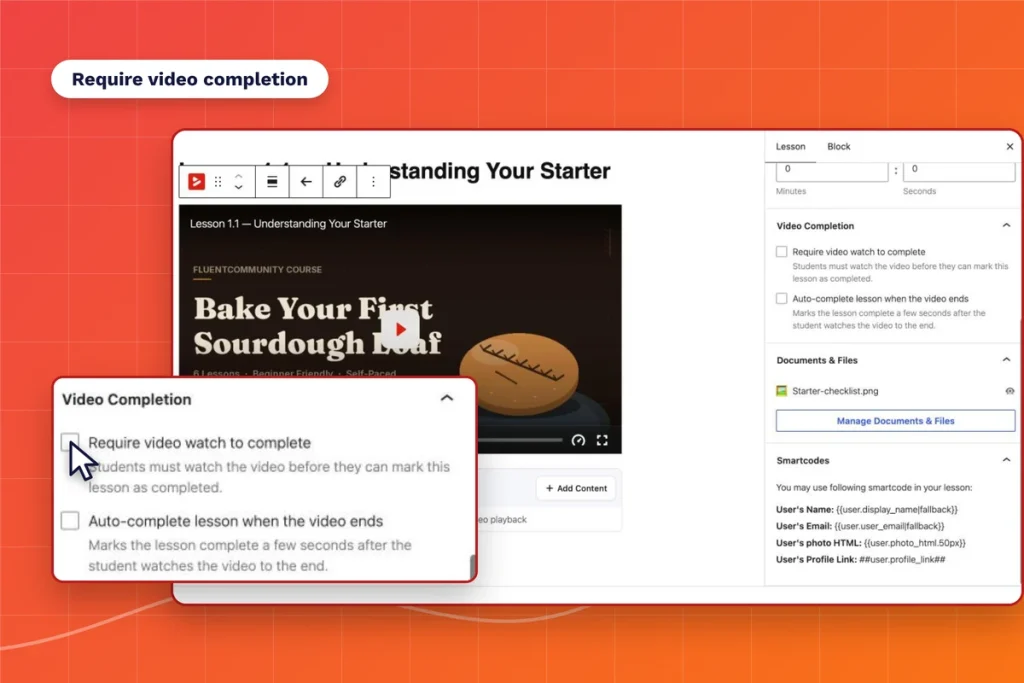Lesson sidebar showing the Video Completion panel with two checkboxes
