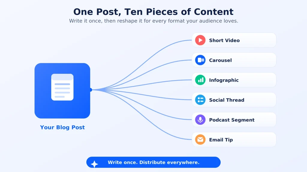 One blog post is really ten pieces of content waiting to happen. Turn the key points into a short video, a carousel, an infographic, a thread, a podcast talking point, or a quick email tip. Different people consume content in different ways, and multi-format content keeps you visible across more places at once. Write once, distribute everywhere.