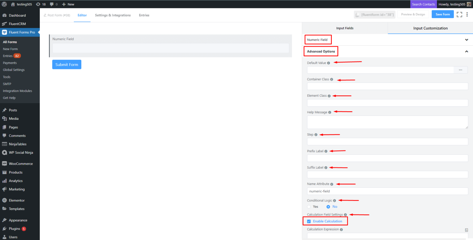 Numeric Input Field in WP Fluent Form WordPress Plugin