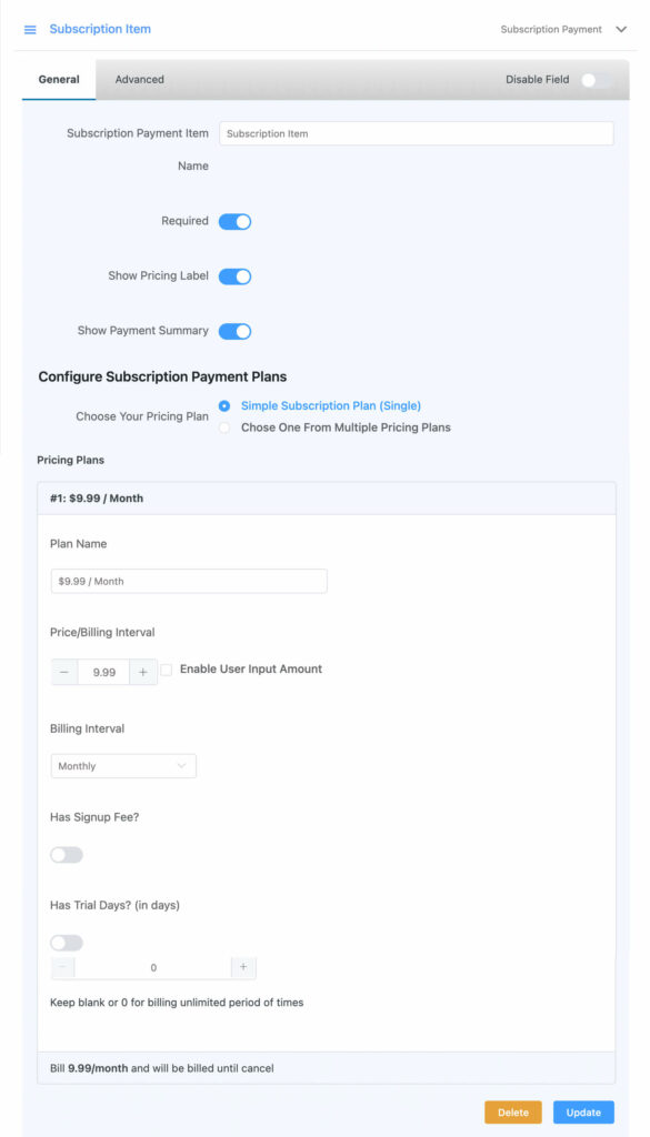 configuring recurring payment wordpress, subscription item field paymattic