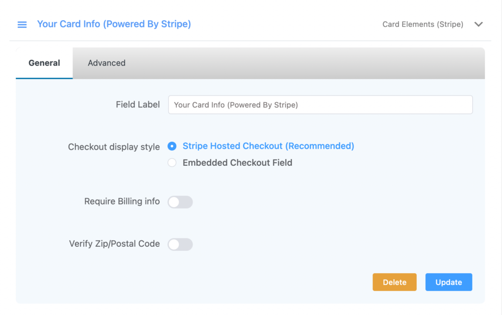 stripe card info, paymattic payment form settings