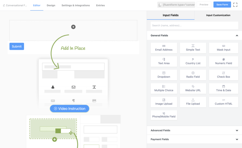 The interface of Fluent Forms Editor