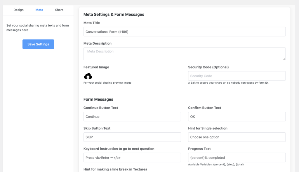 Conversational Forms - Meta Settings