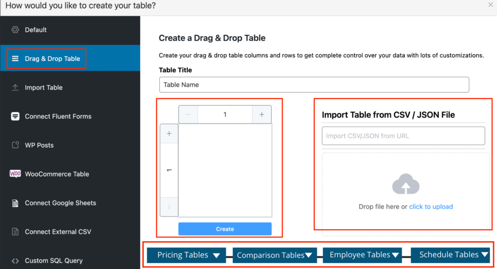 Drag and drop table builder