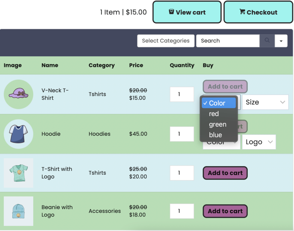 WooCommerce table colors