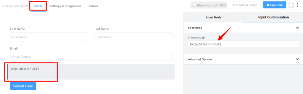 Shortcode Input Field in WP Fluent Form WordPress Plugin