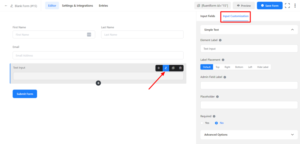 Simple Text Input Field in WP Fluent Form WordPress Plugin