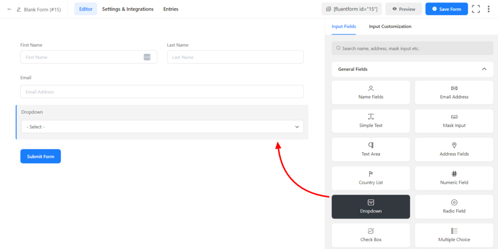 Dropdown Field in WP Fluent Form WordPress Plugin