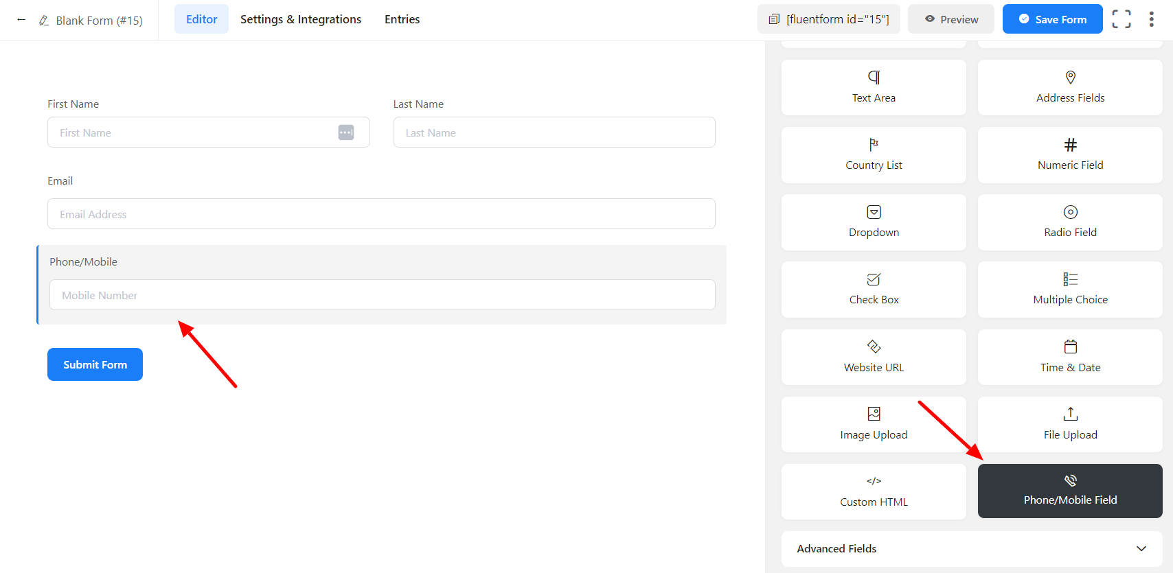 Phone/Mobile Input Field in Fluent Forms - WP Manage Ninja