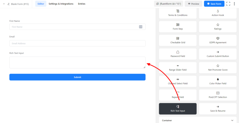 Rich Text Input Field in Fluent Forms - WP Manage Ninja