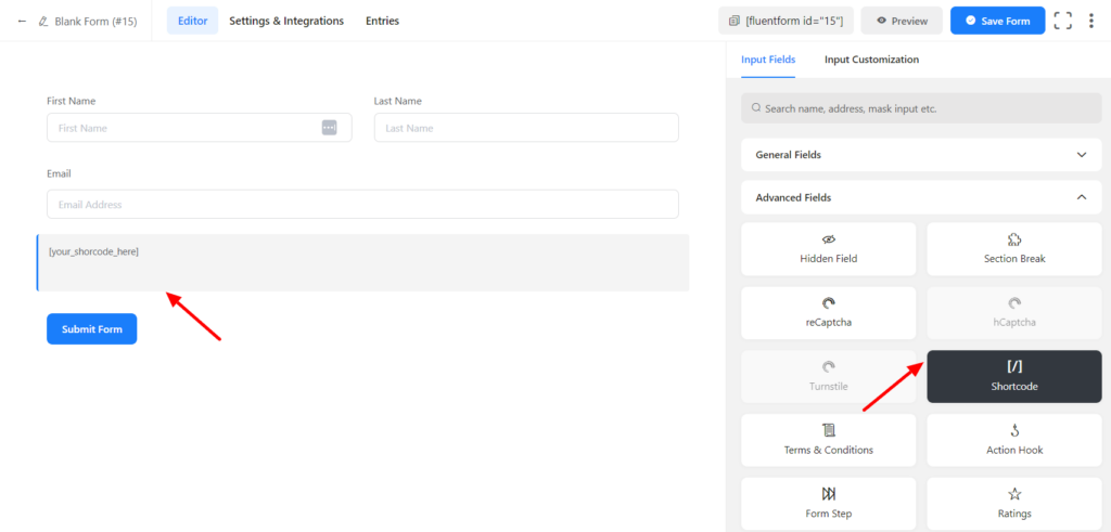 Shortcode Input Field in WP Fluent Form WordPress Plugin