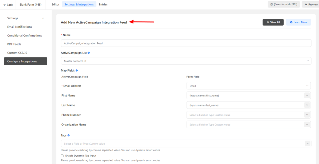 ActiveCampaign Integration with WP Fluent Form