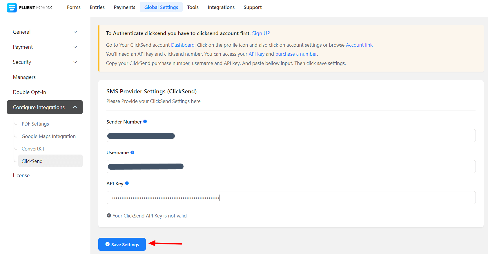 Global Settings %E2%80%B9 Fluent Forms Test %E2%80%94 WordPress 1 1 3 50223